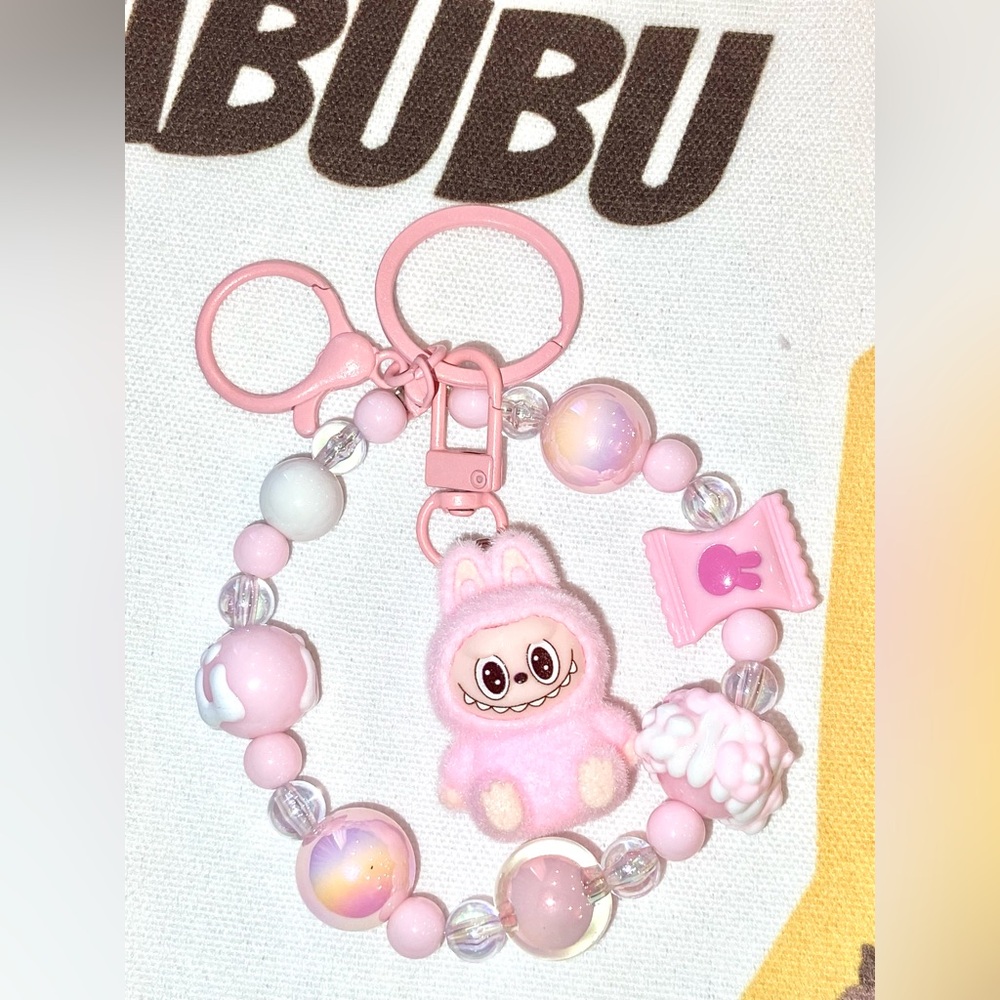 Cute Pink Keychain with Beads and Plush Charm